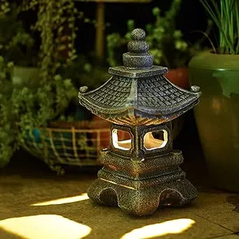 Solar Pagoda Lantern Garden Statue LED Light Outdoor Zen Garden Japanese Lantern for Landscape Balcony Patio Porch Yard Art Decor 6.7" H Gray Stone Finish