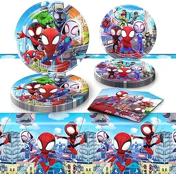 Eazyco Spidey and His Amazing Friends Birthday Decorations, 20 Plates, 20 Napkins and 1 Tablecover for Spidey and His Amazing Friends Birthday Party Supplies