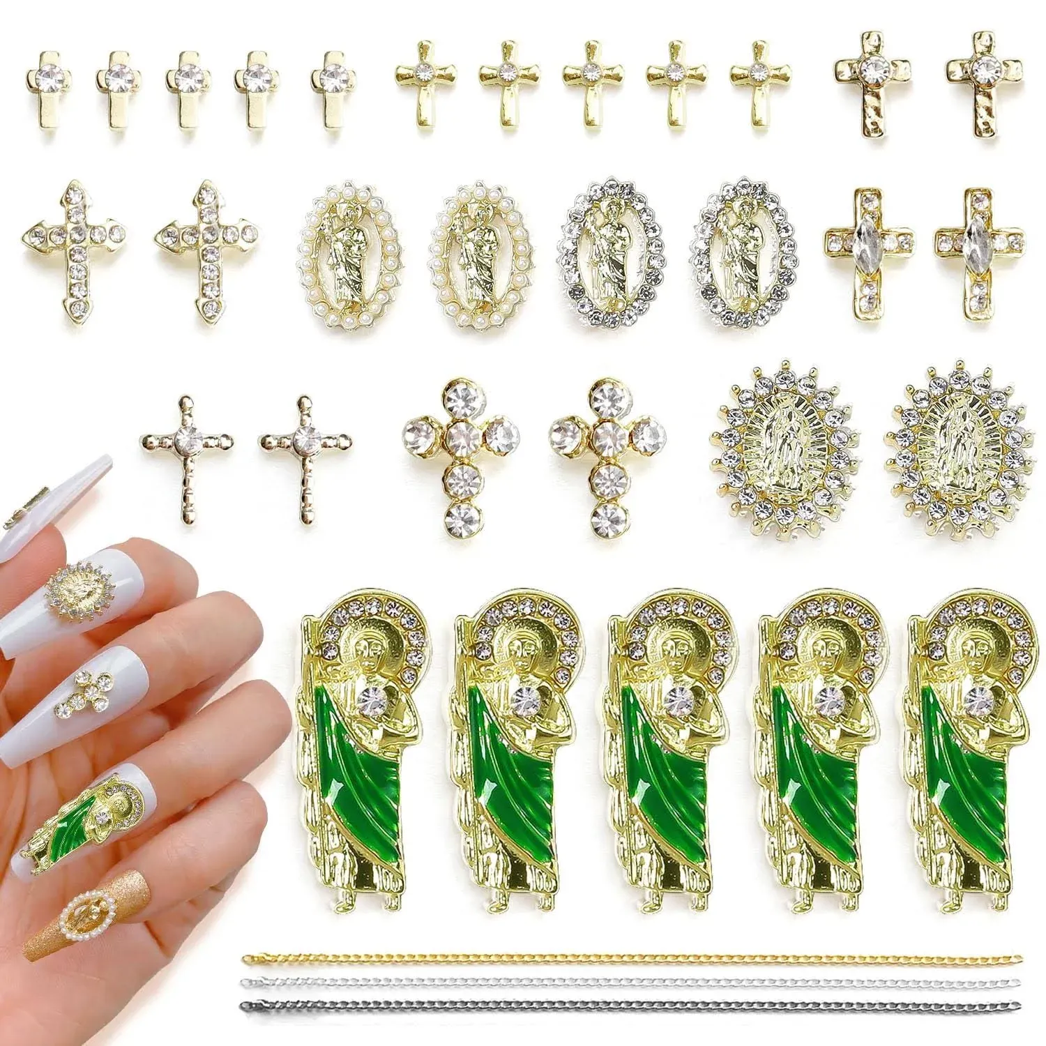 CQzagir 36 Pcs 3D Cross Nail Rhinestones Charms San Judas Tadeo Virgin Mary Nail Charms for Acrylic Nails Chains Gold Nail Art Metal Shiny Alloy Crystals