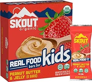 Skout Organic Peanut Butter & Jelly Real Food Bars for Kids (6 Pack) | Organic Snacks for Kids | Plant-Based Nutrition, No Refined Sugar | Vegan | Gluten, Dairy, Grain & Soy Free