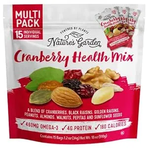 Nature's Garden Cranberry Health Mix – Power Up Omega Deluxe Trail Mix, Heart Healthy, Gluten Free, Antioxidant Rich, Cholesterol Free, Sodium Free, No Artificial Ingredients - 1.2 Oz Bags (15 Individual Servings)