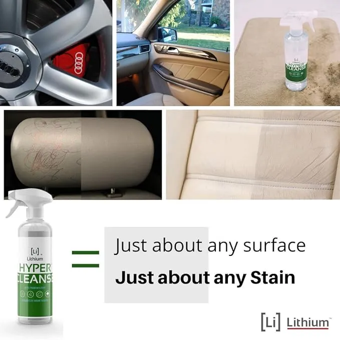 Lithium Hyper Cleanse All Purpose Cleaner, 16 Ounces | Leather, Plastic, Carpet, Vinyl, Tesla Vegan Leather, Solvent Free, Remove Any Stain, All Surfaces, Very Effective Interior Cleaner.