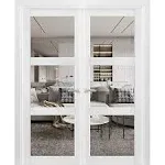 SARTODOORS Solid French Double Doors 72 x 96 Inches Clear Glass | Lucia 2555 Matte White | Wood Solid Panel Frame Trims | Closet Bedroom Sturdy Doors