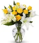 Benchmark Bouquets Yellow Roses and White Oriental Lilies, with Vase