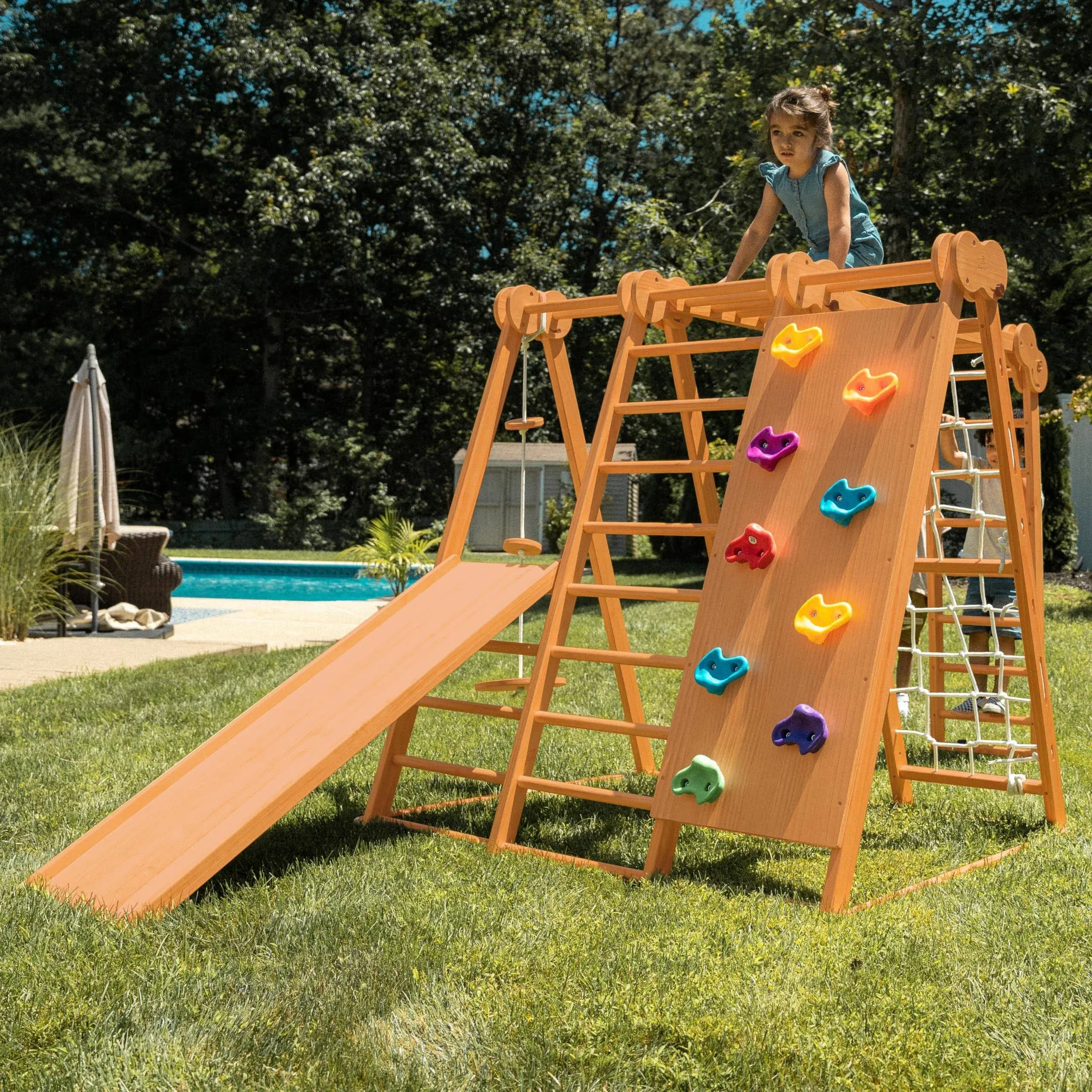 Avenlur Chestnut 7-in-1 Indoor and Outdoor Foldable Jungle Gym Playset for Kids Aged 2-6yrs with Slide