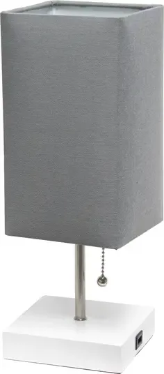 Simple Designs Petite White Stick Lamp with USB Charging Port and Fabric Shade - Gray