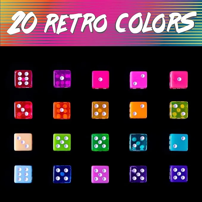 100-pack Miami Dice: Retro 80s 6-Sided Gaming Dice – 16mm Bulk d6 Dice in Translucent & Solid Colors for Family Game Night, Make Your Own/DIY Board Game Supplies, Replacement Pieces & Teaching Math