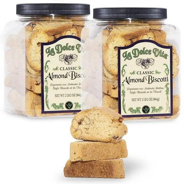 Nonni's La Dolce Vita Almond Biscotti - 2 Tubs - 34oz of Biscotti Italian Cookies - Italian Biscotti Cookies - Biscotti Jar - Biscotti Packed w/California Whole Almonds - Perfect w/Coffee - Kosher