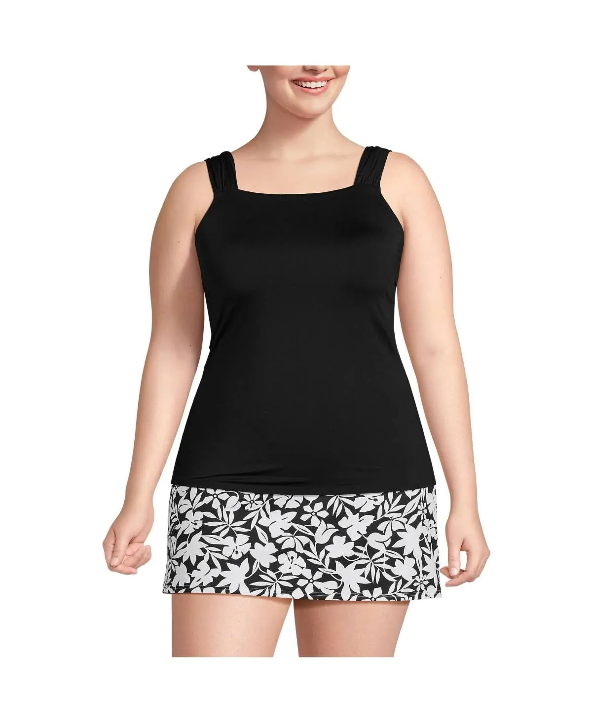 Lands' End Women's Plus Size Cap Sleeve High Neck Tankini Swimsuit Top - 18W - Black