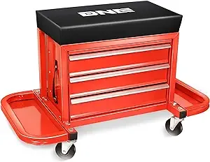 DNA MOTORING TOOLS-00261 3-Drawer Tool Chest Rolling Mechanic Seat with Tool Trays,350lbs Max Weight Capacity,Red