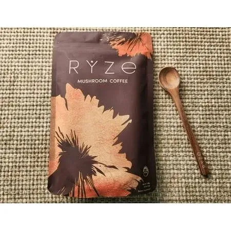 Organic Ryze Mushroom Coffee 30 Servings Total with Ryze Wooden Spoon, Brown