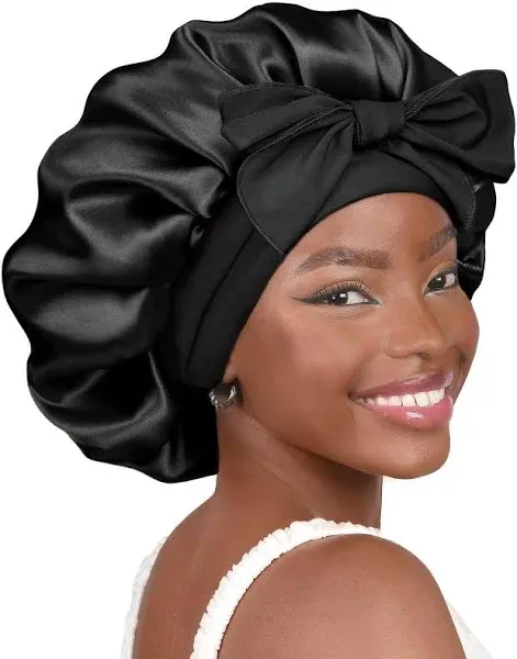 YANIBEST Satin Bonnet Silk Bonnet for Sleeping Double Layer Satin Lined Black Hair Bonnet with Tie Band Bonnets for Women Natural Curly Hair, Women's,