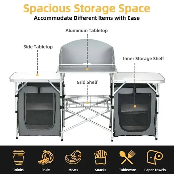 Folding Portable Aluminum Camping Grill Table W/ Storage Organizer Windscreen G.