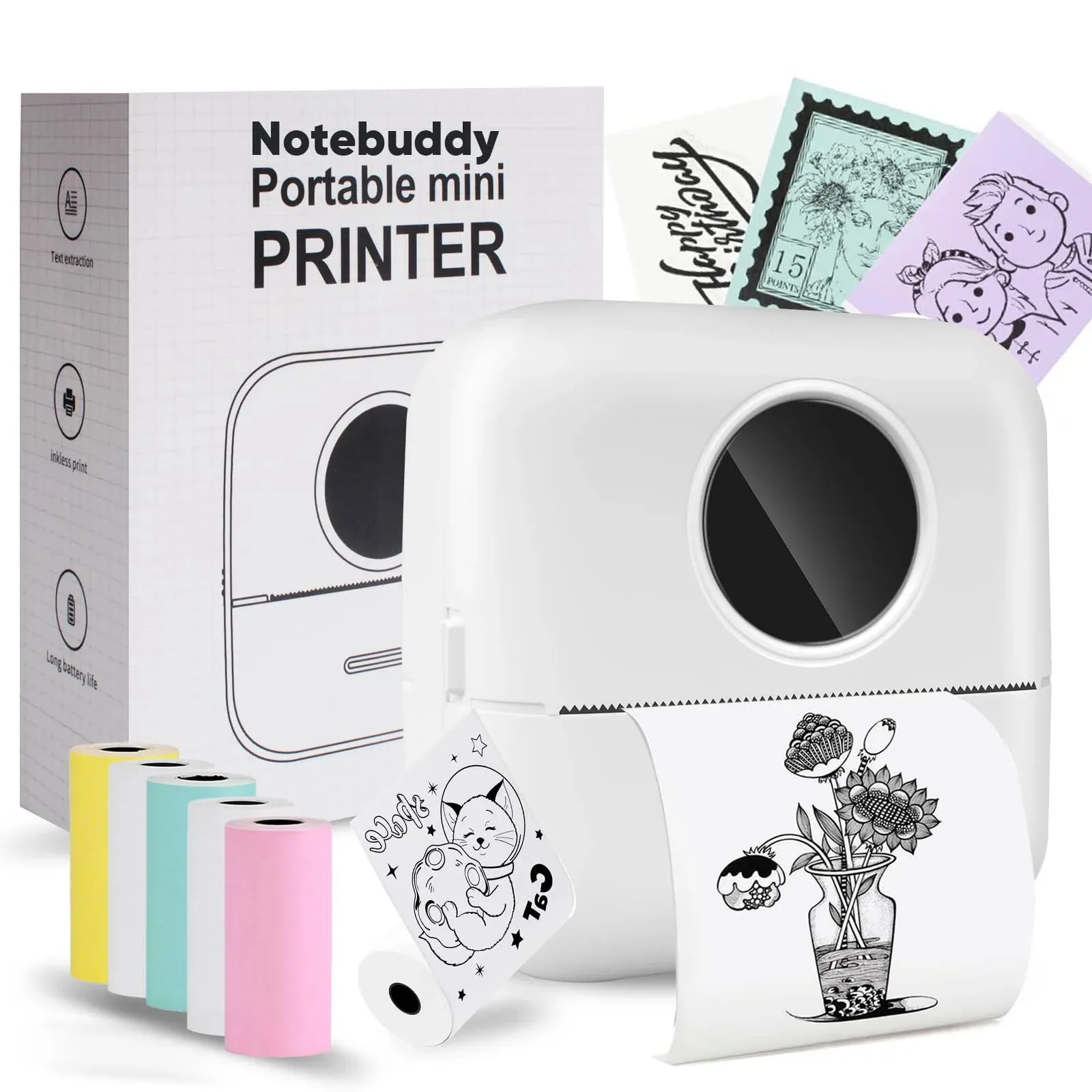 Notebuddy Mini Portable Printer, Bluetooth Smart Pocket Inkless Thermal Printer with 5 Roll Papers for Journal/DIY Scrapbook/Travel/Notes/Lists/Label/