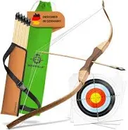 BOWRILLA® Wooden Bow and Arrow for Kids with 10 Arrows, Quiver, 3 Targets &amp;