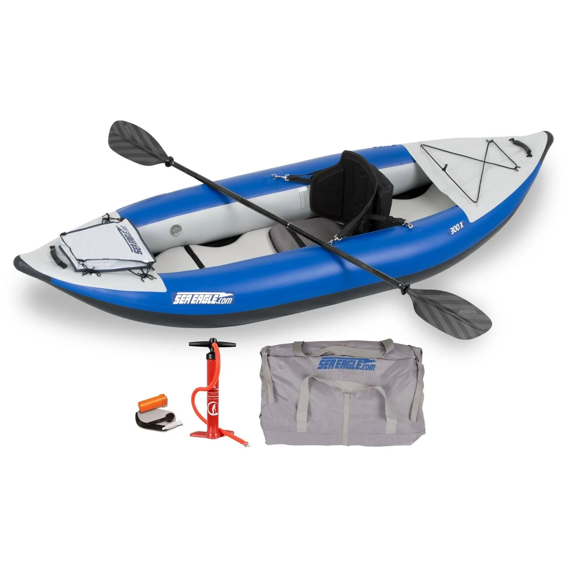 Sea Eagle 300X Explorer Touring, Camping, Fishing Whitewater Inflatable Kayak, Solo, Self-Bailing, Drop Stitch Floor-Paddle, Seat, Pump, Skeg, Bag