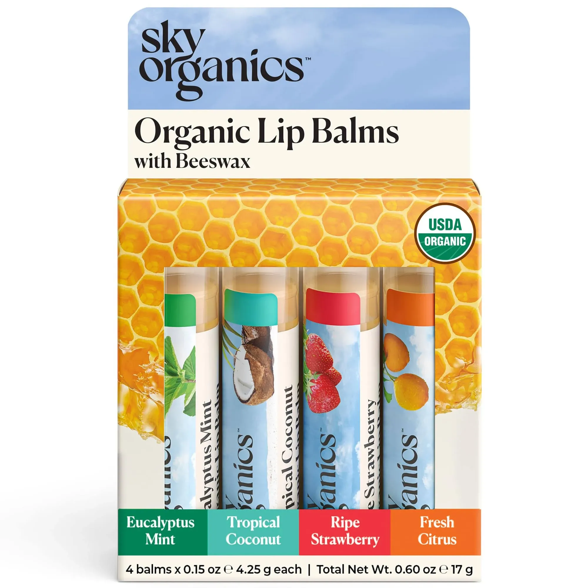 Sky Organics Organic Beeswax Lip Balms  4 Pack Of Assorted Flavors Mint, Coconut