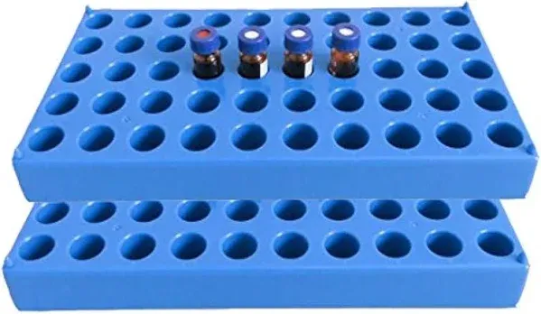 (2 Packs) Vial rack, 2ml HPLC sample bottles rack single blue holds 50 standard 12 mm 2 mL vials, stackable Tube Rack