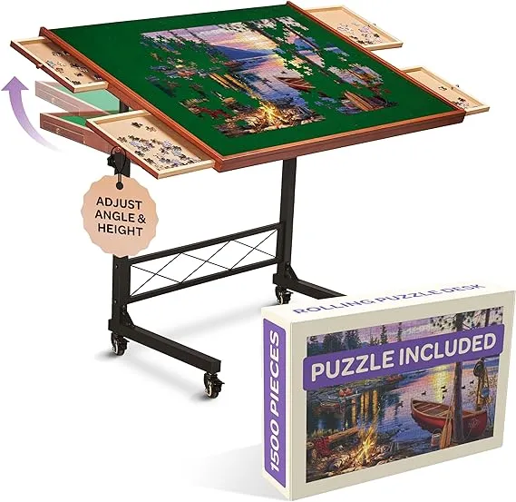 Jigsaw Puzzle Table/Rolling Puzzle Desk - 1500 Piece Puzzle Board with Bonus Puzzle/Portable Jigsaw Puzzle Tables with Drawers and Legs - Height Adjustable for Adults and Kids