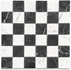 C251XP Carrara White Nero Marble Checkerboard Chess Mosaic Tile Polished