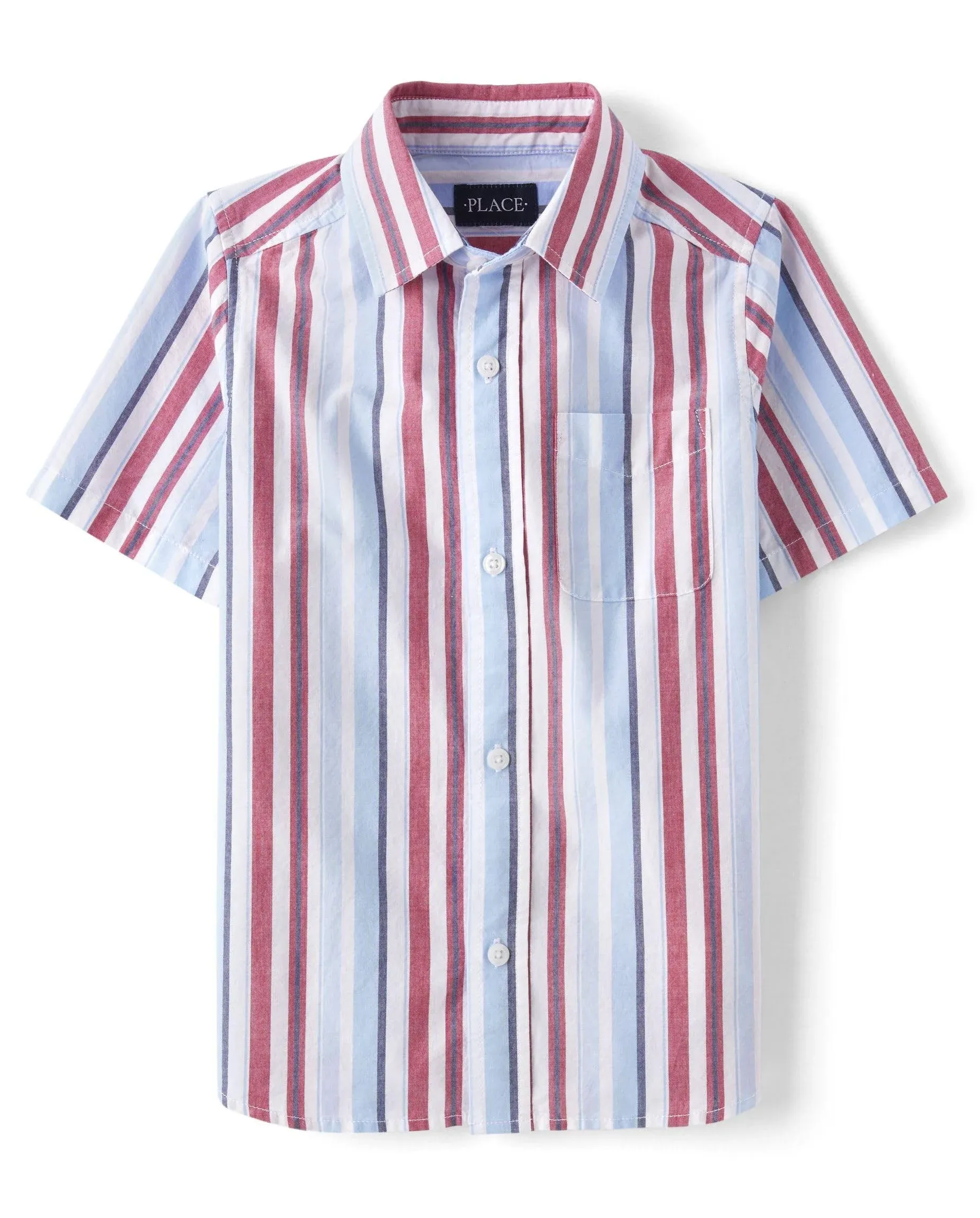 Boys Striped Poplin Button Up Shirt - White