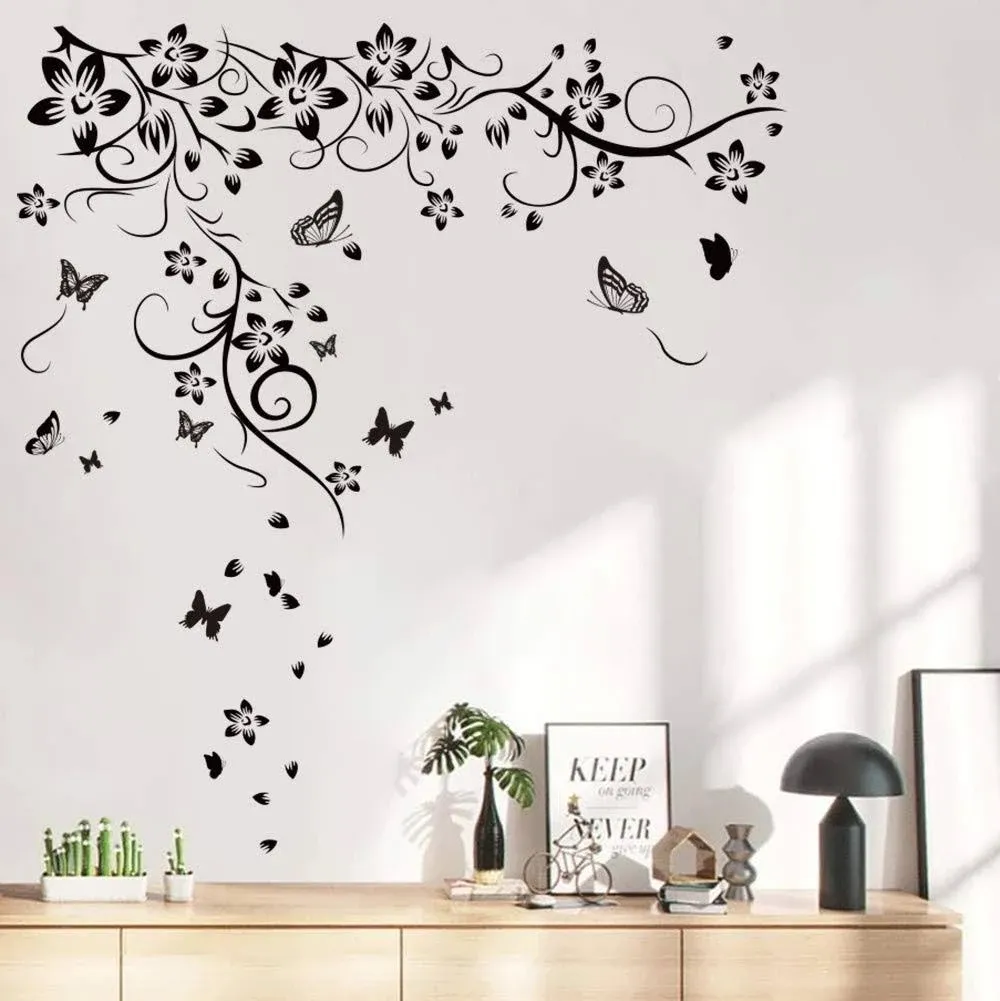 Runtoo Black Flowers Vine Wall Decal Floral Butterfly Wall Stickers Living Room Bedroom Wall Decor