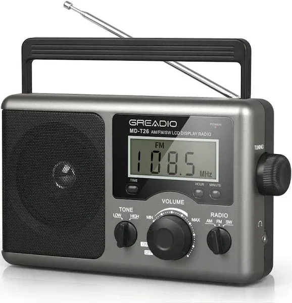 Portable AM FM Shortwave Radio,Battery Operated Radio by 4D Cell Batteries or AC Power Transistor Radio with LCD Display,Time Setting,3.5mm Earphone Jack,Big Speaker,High/Low Tone for Home,Gift