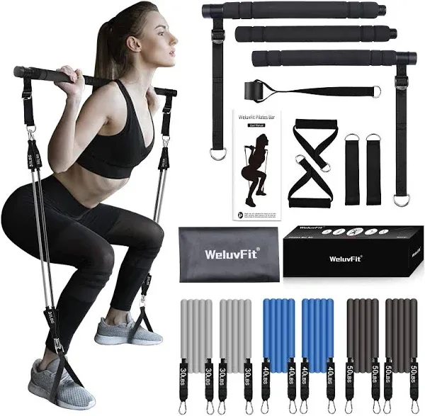 Pilates Bar Kit with Resistance Bands, WeluvFit Portable Exercise Fitness Equipment for Women & Men, Home Gym Workout Stick Squat Yoga Flexbands Kit