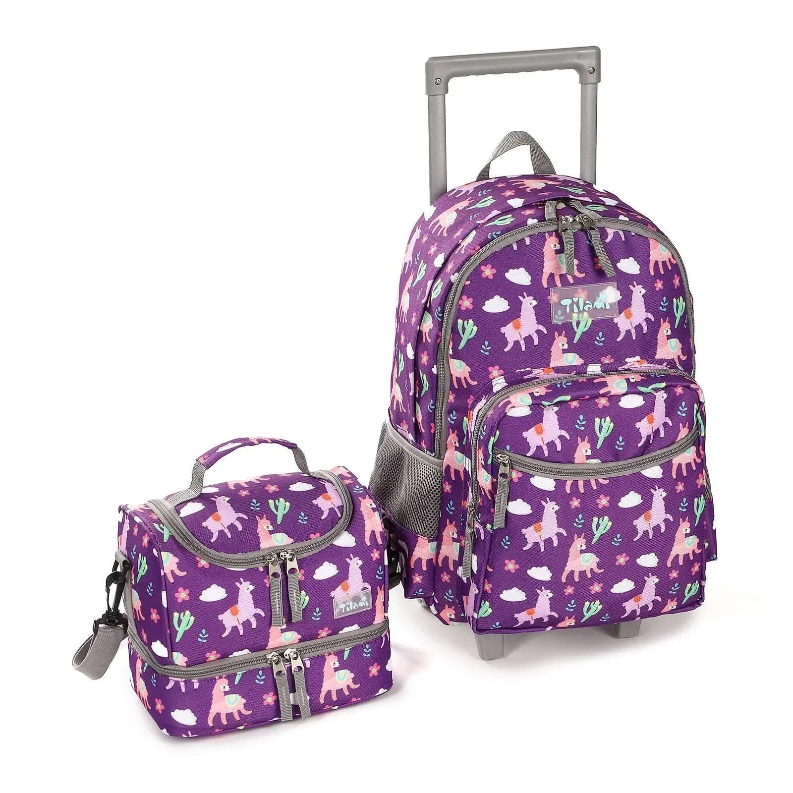 Tilami Rolling Backpack 18 inch Double Handle with Lunch Bag Wheeled Kids Backpack for Girls and Boys, Purple Alpaca