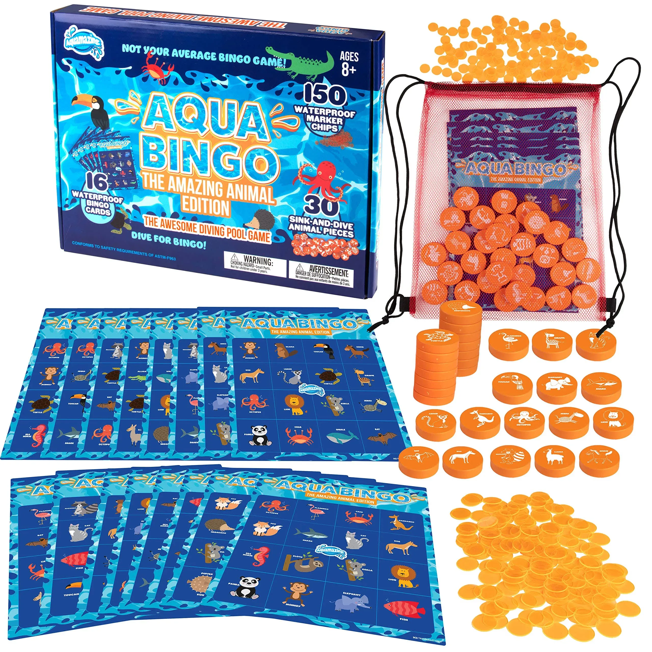 Pool Bingo Diving Game for Kids- Summer Party Fun Edition- Dive for & Call 30 Sinking Animal Themed "Numbers", Fill Your Card to Win- w 150 Marker Chips, 16 Double Sided Waterproof Play Cards & Bag