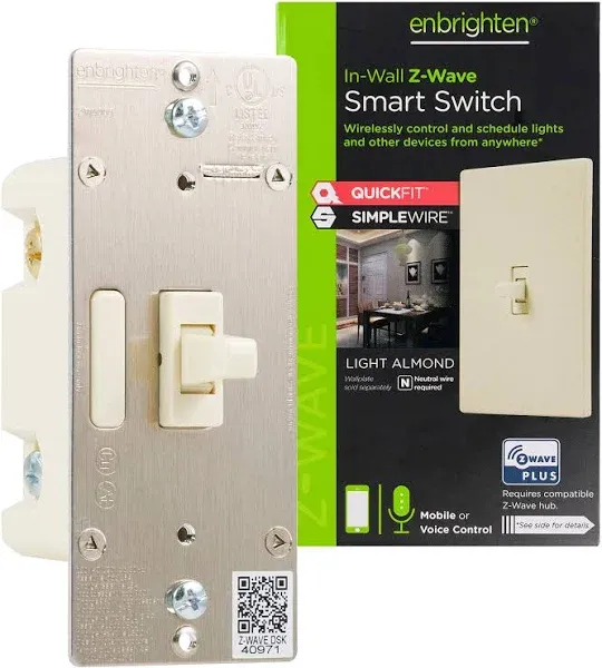 Almond Z Wave Plus Smart Light Switch with QuickFit and SimpleWire 3 Way Ready C