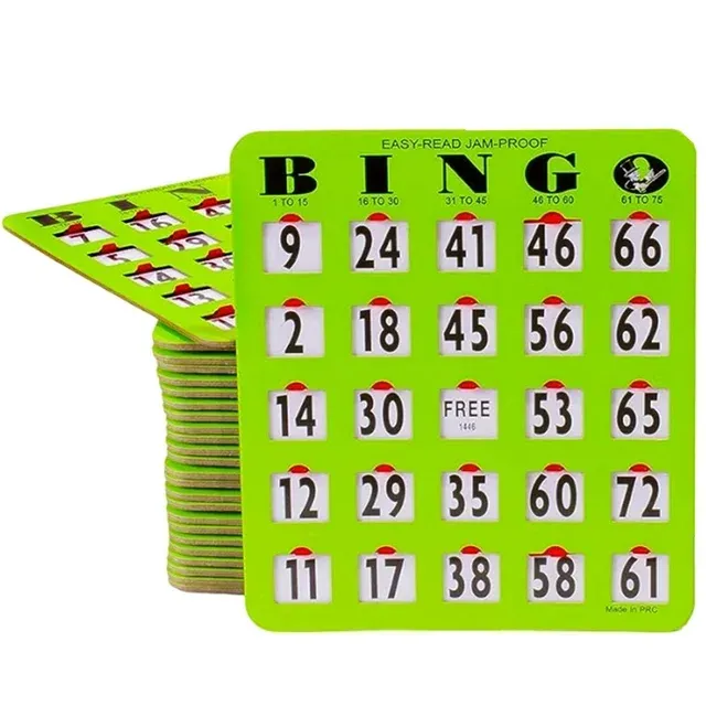 Mr Chips Jam-Proof Easy-Read Large Print Fingertip Bingo Cards with Sliding Windows - 50 Pack in Green Style