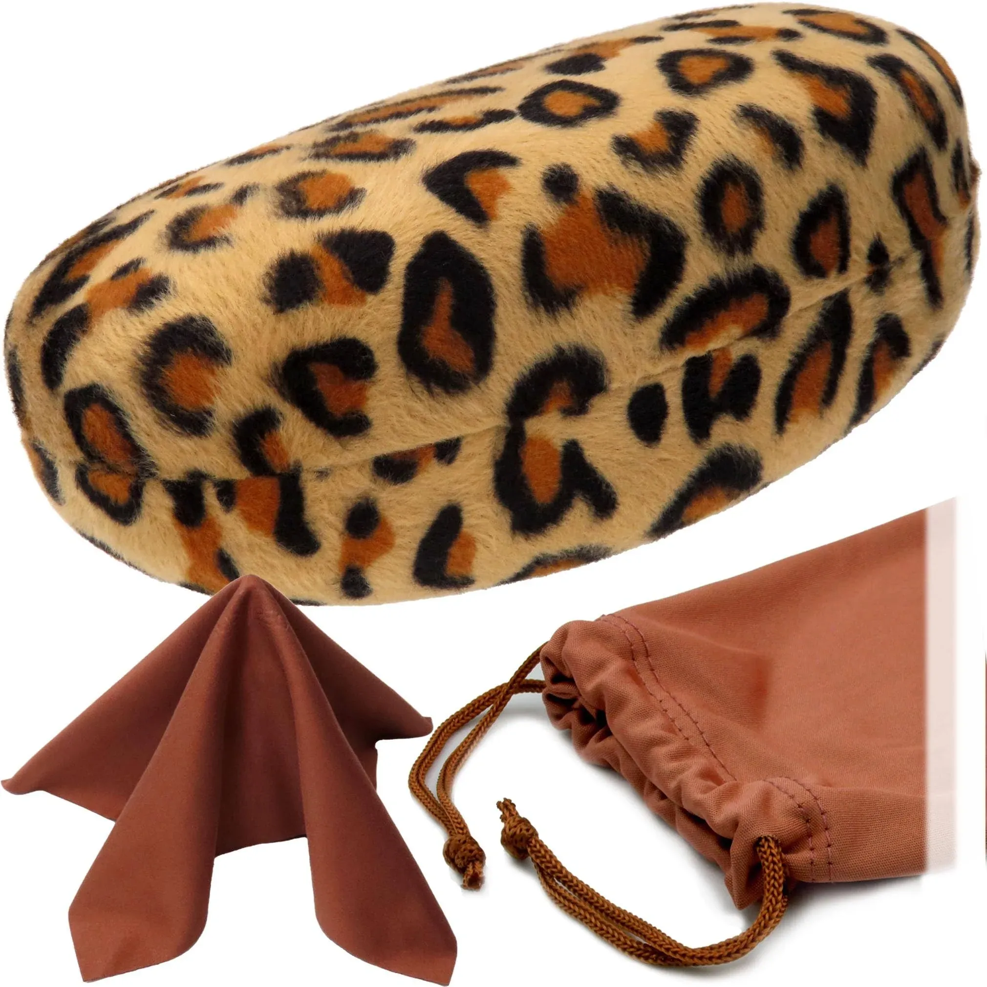 Chic Leopard Animal Print Hard Sunglass Case for Curved Frames w/ Pouch & Cloth - Large to Extra Large Glasses Case (AS179 Leopard)