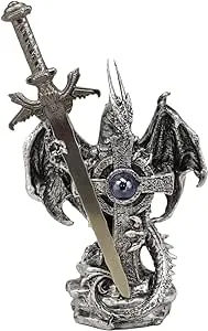 Ebros Gift Legendary Silver Dragon Guardian of The Celtic High Cross Letter Opener Figurine Sculpture Home and Office Decorative Sculpture Medieval Renaissance Dungeons and Dragons Fantasy