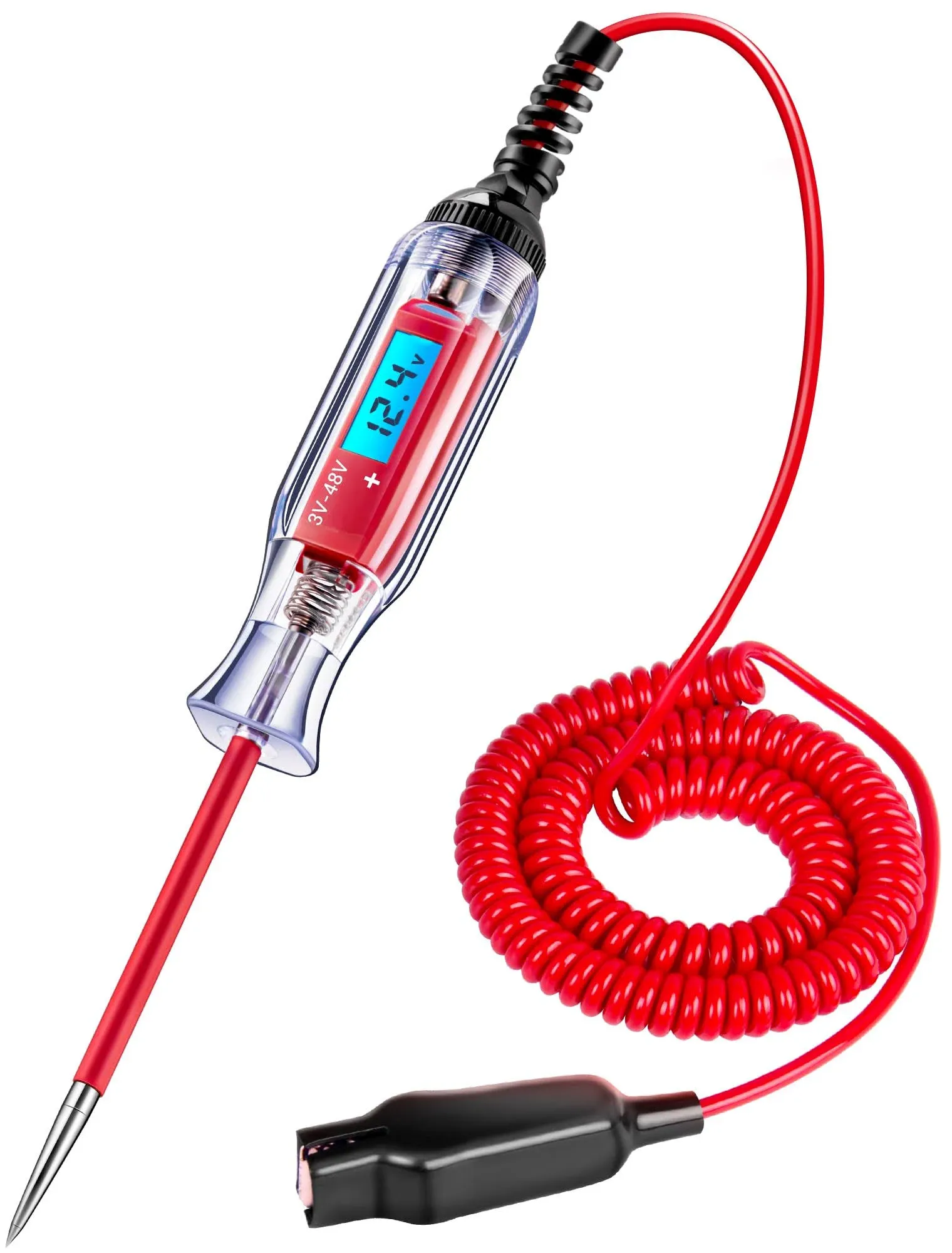 Heavy Duty 3-48V Automotive Circuit Tester with Backlit Digital LCD Voltage Display, DC Test Light with 140 Inch Extended Spring Wire, Car Truck Battery Tester with Stainless Probe