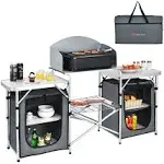 COSTWAY Folding Portable Aluminum Camping Grill Table W/ Storage Organizer Windscreen