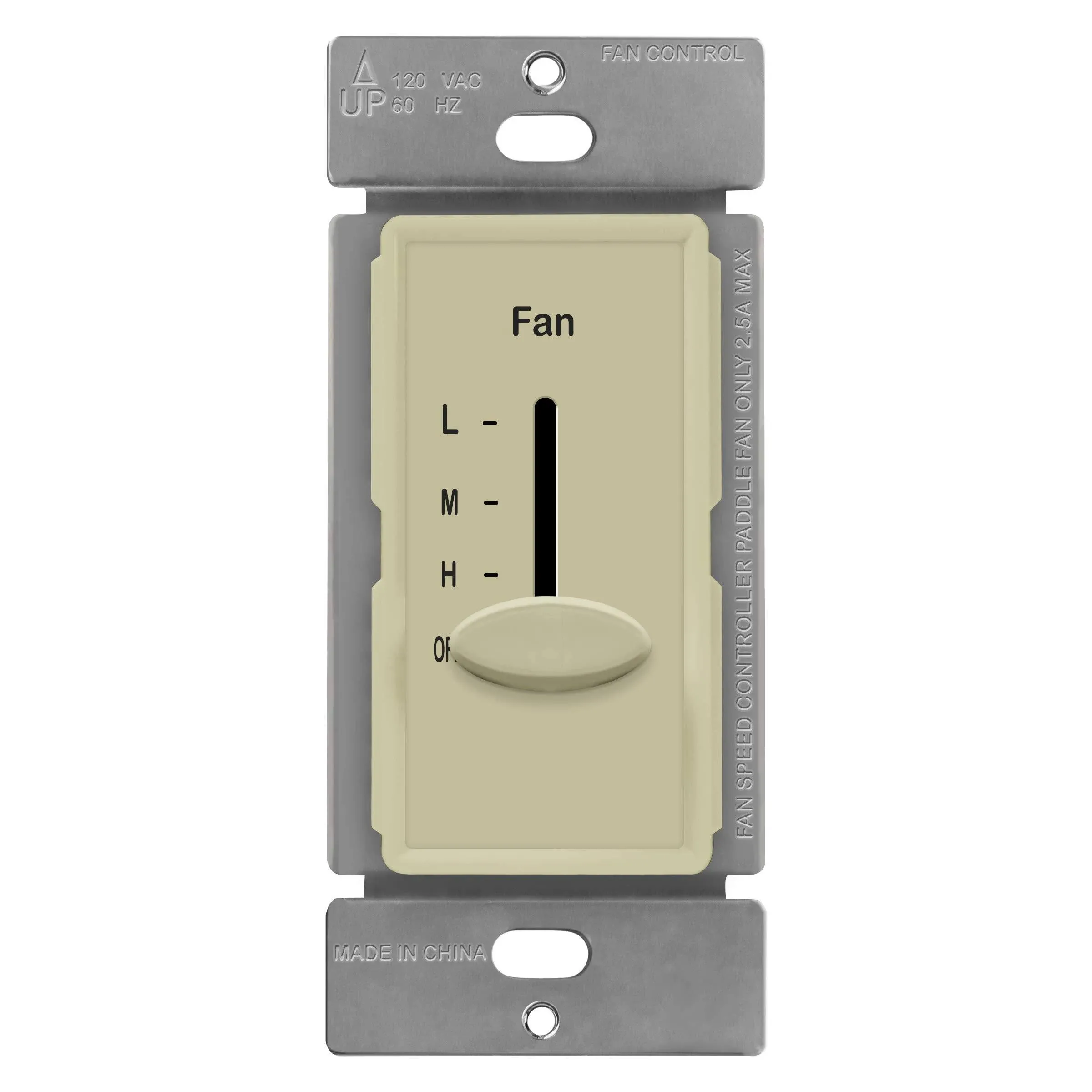 Enerlites 3 Speed In-Wall Ceiling Fan Control, Slide Switch, 120VAC, 2.5A, Single-Pole, No Neutral Wire Required, 17000-F3-I-F, Ivory