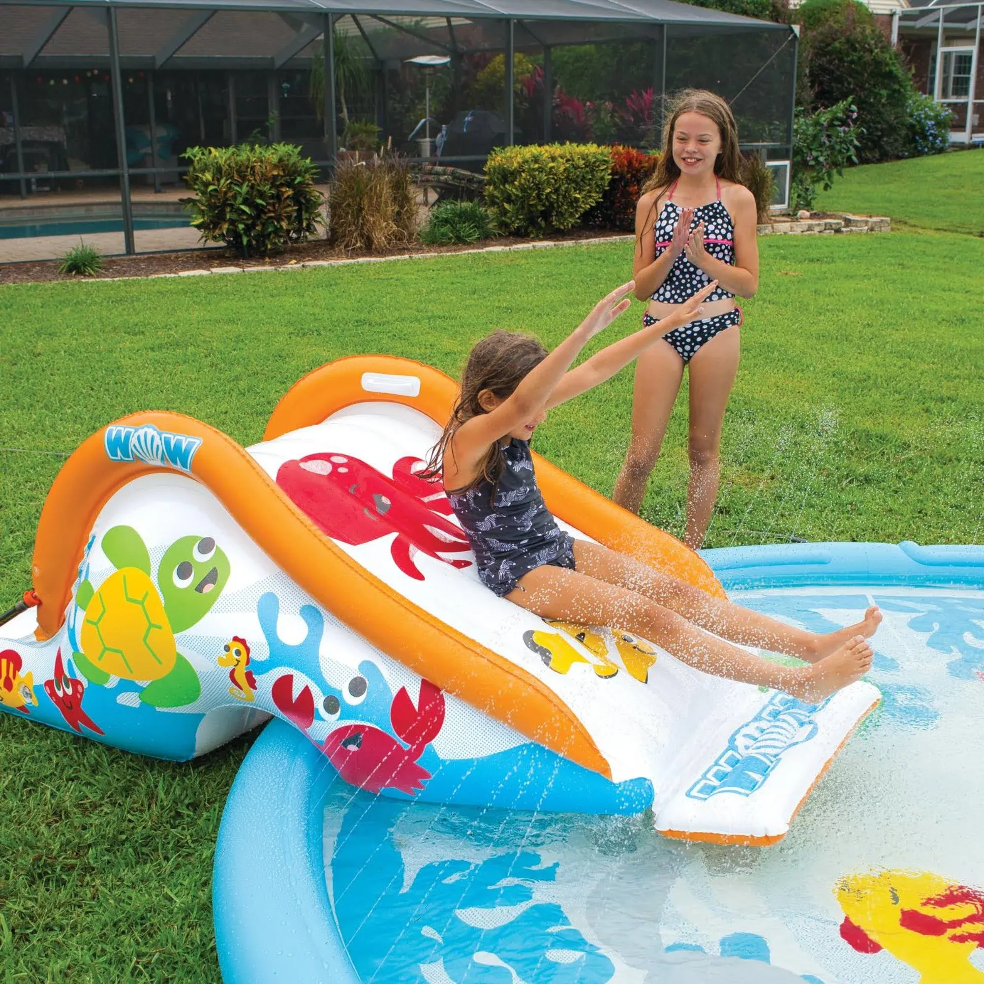 WOW Sports - Swirl Splash Inflatable Pool Slide - Ocean Themed Waterslide for Kids - Works with Splash Pads - Includes Hose Attachment for Sprinkler Fun