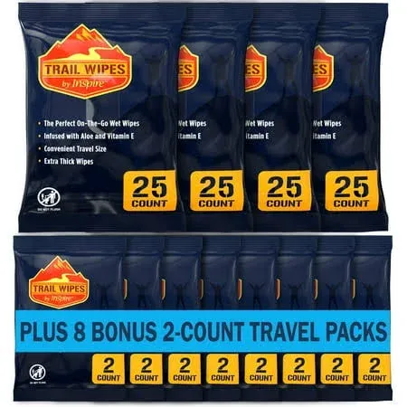 Inspire Trail Wipes | Camping Wipes Body Wipes Adults | Biodegradable Wipes for Camping, Travel, Gym with Aloe and Vitamin E | No Rinse Bathing