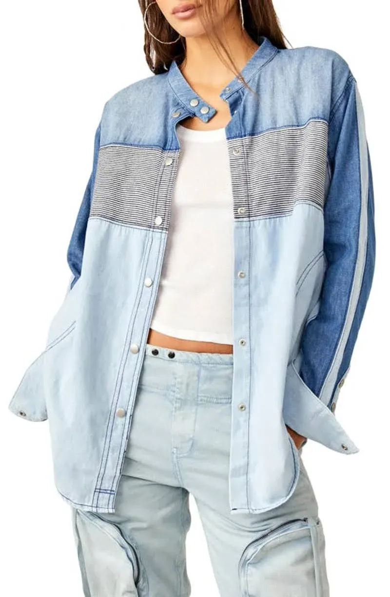 Free People - Moto Color Block Shirt Blue Combo / XL