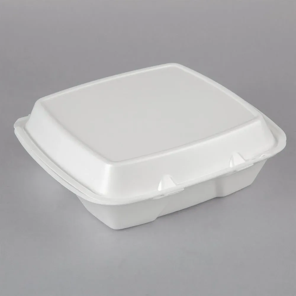 DART 95HTPF3R Foam Hinged Lid Container, 3-Comp, 9.3 x 9 1/2 x 3, White, Bag of 100 (Case of 2 Bags)