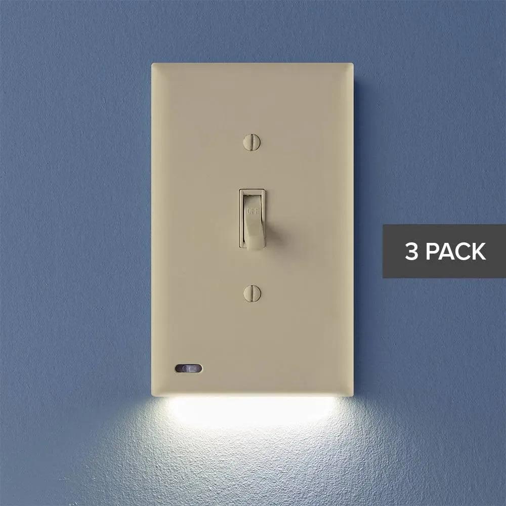 SnapPower 3 Pack SwitchLight - LED Night Light - for Single-Pole Light Switches - Light Switch Plate with LED Night Lights - Adjust Brightness - Auto On/Off Sensor - (Toggle, Ivory)