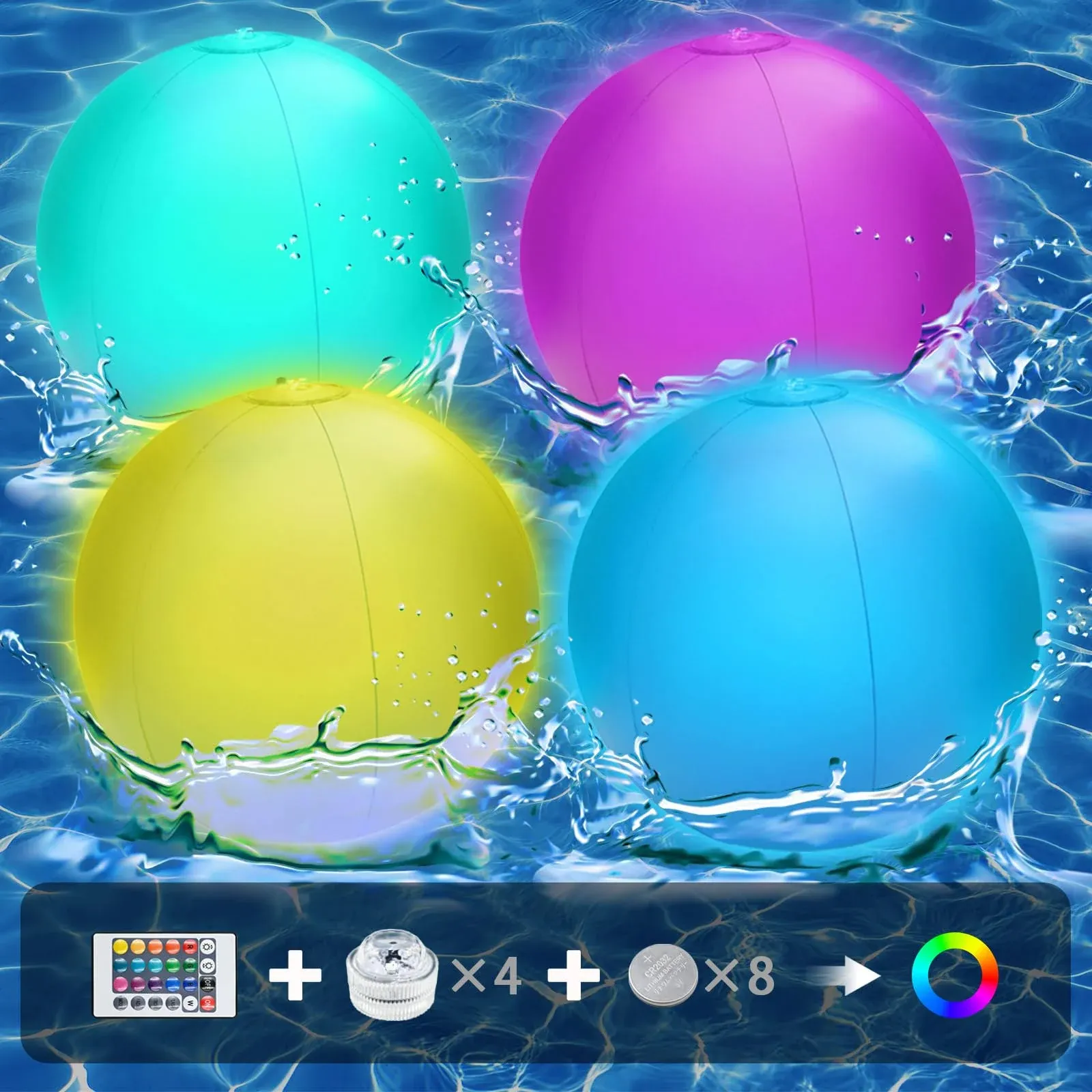 4 Pack Light Up Beach Balls, LED Glow In The Dark Pool Ball, Floating Inflatable Beach Pool Toy with 4 RC,16 Colors Lights 4 Modes,Outdoor Indoor Halloween Christmas Party Decoration for Kids Adults