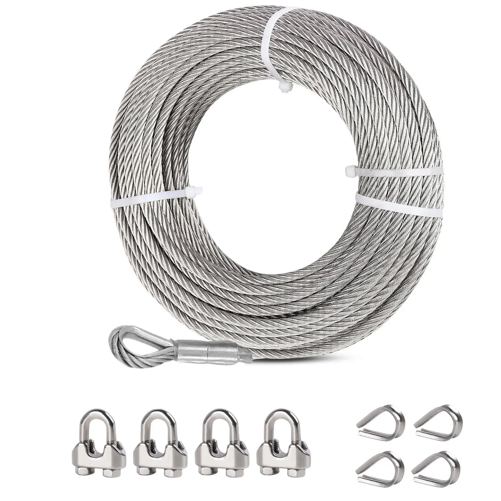 hannger 1/4 Stainless Steel Cable, 25ft, 7x 19 Strands Wire Rope with Stainless Cable Clamps&Thimble, 6400lbs Breaking Strength, Steel Aircraft Cable for