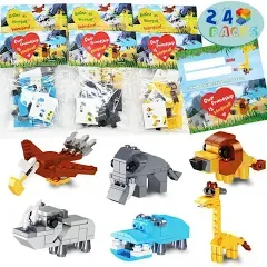 WODMAZ 24 Packs Safari Animal Building Blocks with Valentines Day Cards for Kids