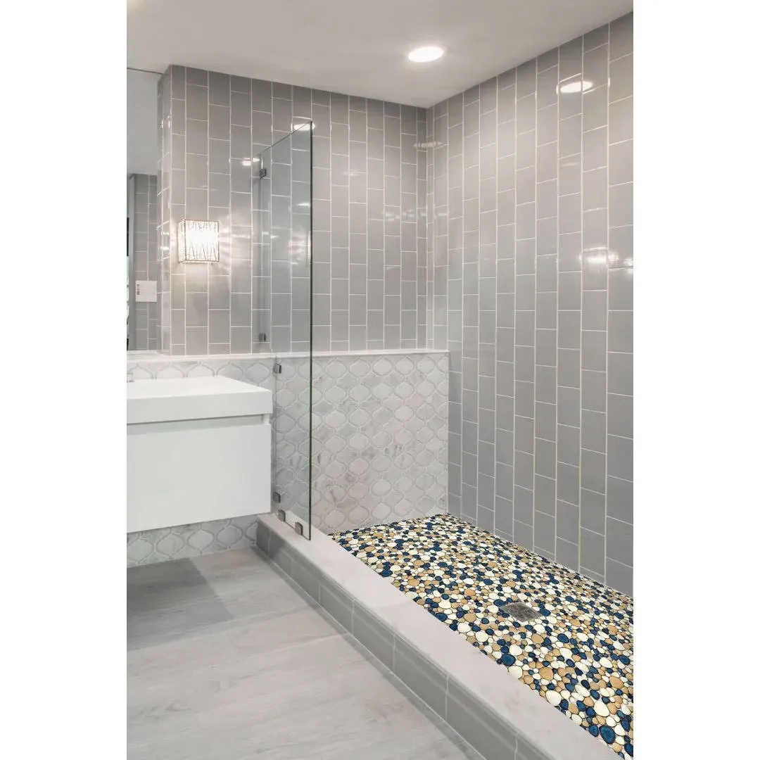 Pebble Tile for Shower Floor Brown Blue Pebbles Mosaic Tiles for Bathroom Floor [Set of 5 Sheets]