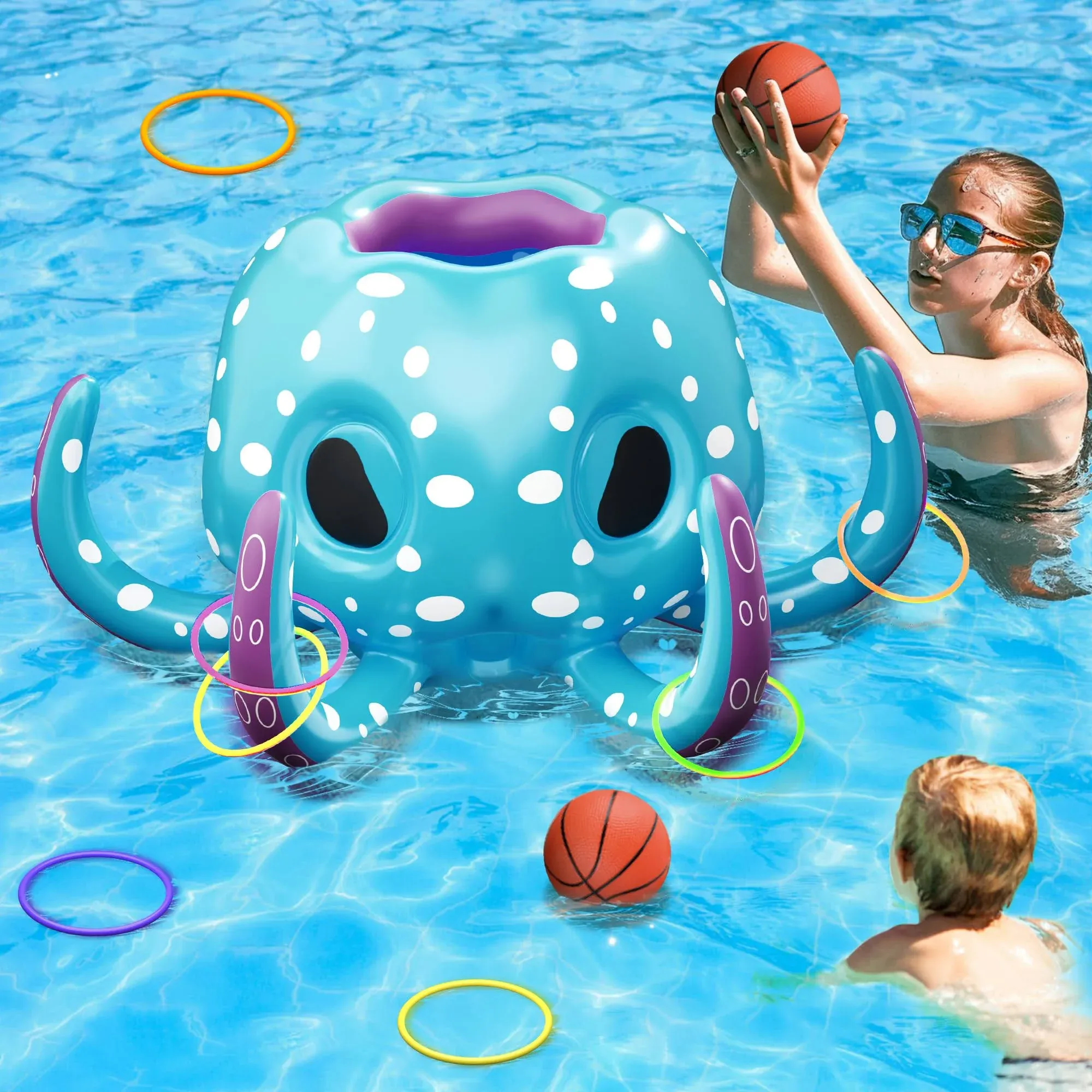 Kids Octopus Pool Toys, 2-In-1 Inflatable Basketball Hoop &amp; Ring Toss Yard Games