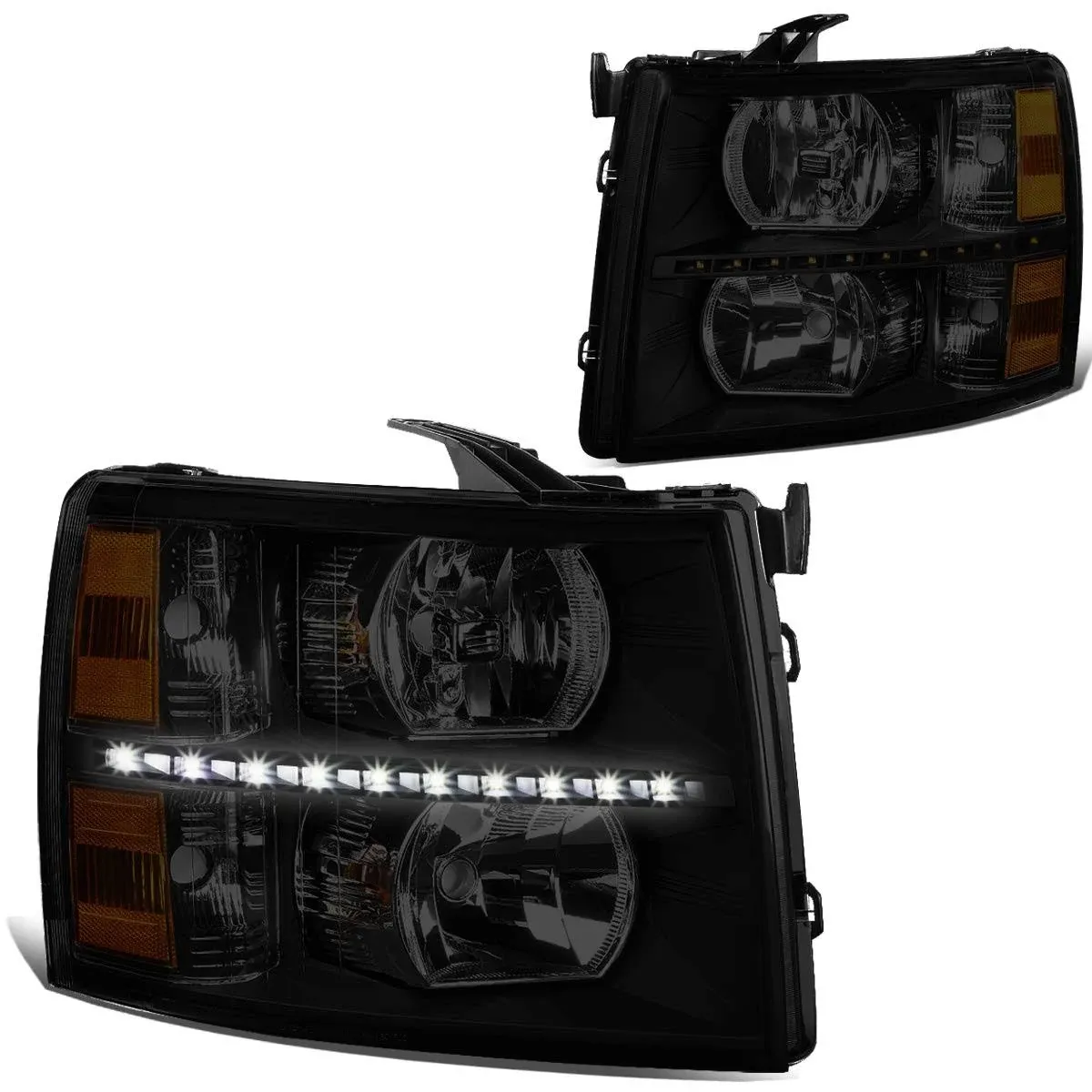 [LED DRL Strip]Fit 07-14 Chevy Silverado Tinted Housing Amber Corner Headlight