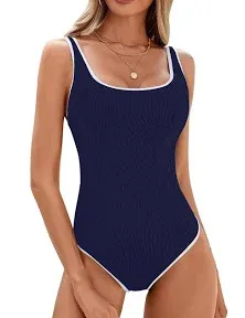 BMJL Women's One Piece Swimsuit Sports Adjustable Strap Bathing Suit Color Block Ribbed High Cut Swimsuits