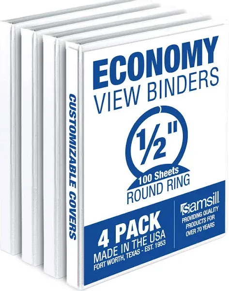 Samsill Economy 0.5 inch 3 Ring Binder, Made in The USA, Round Ring Binder, Customizable Clear View Cover, White, 4 Pack (MP48517)